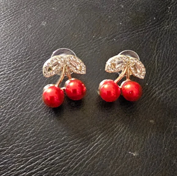 Elegant Red Cherry Faux Pearl and Rhinestone Earrings New Without Tags - Picture 6 of 6